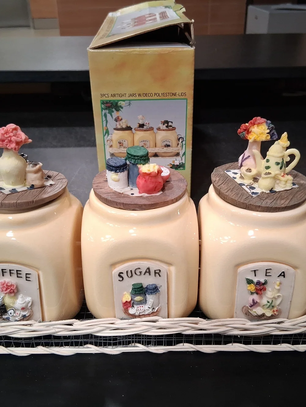 Cream Ceramic Sugar, Coffee & Tea Canister Set with Decorative Lids